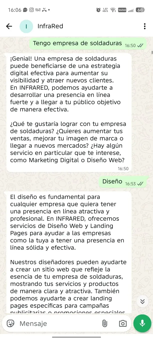 Conversación del bot de Infrared en WhatsApp atendiendo a un cliente