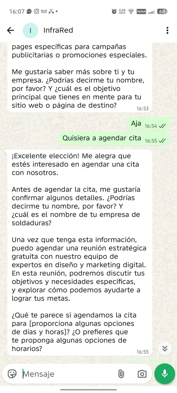 Bot de Infrared agendando una cita por WhatsApp