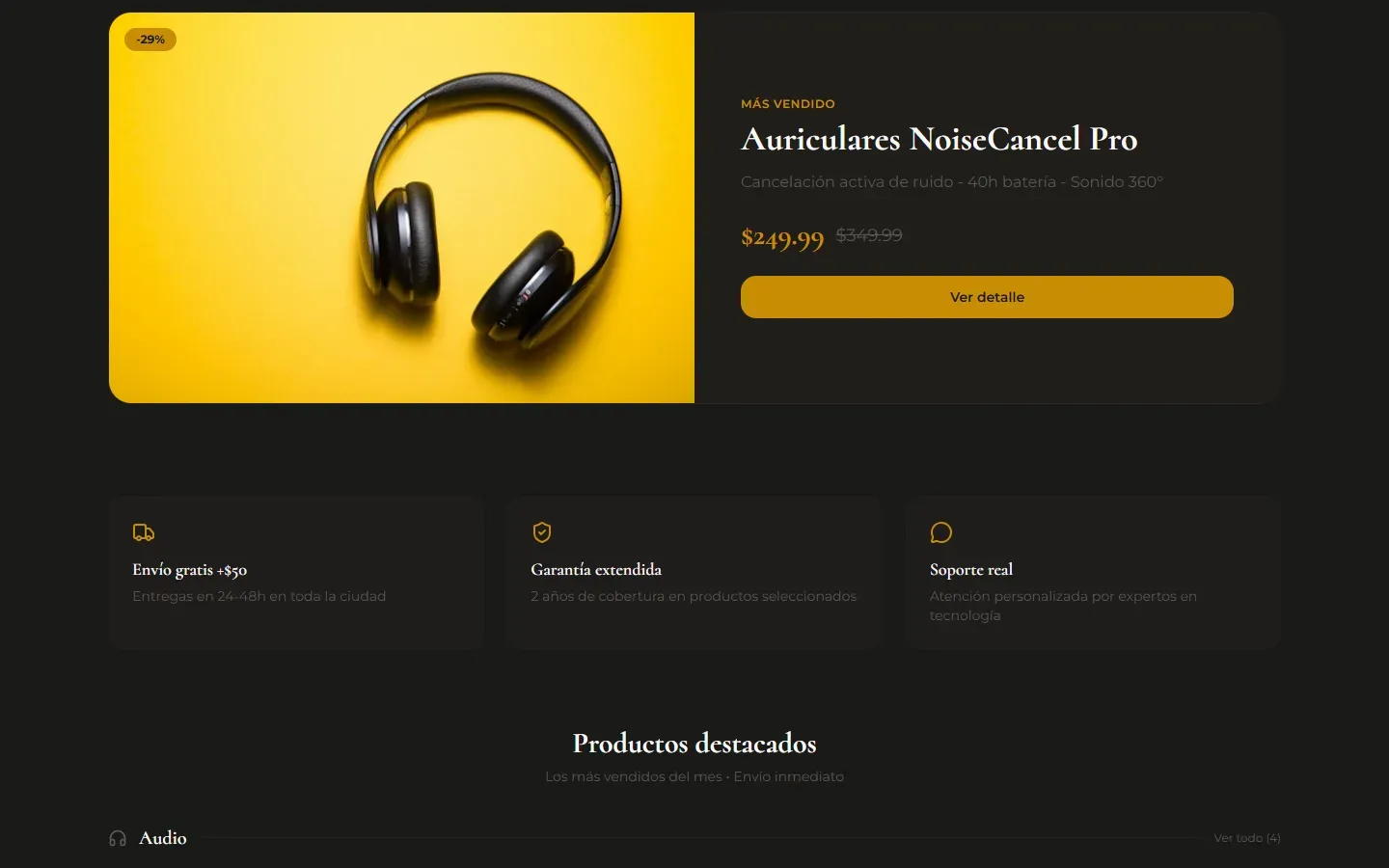Producto destacado y beneficios en la demo Market