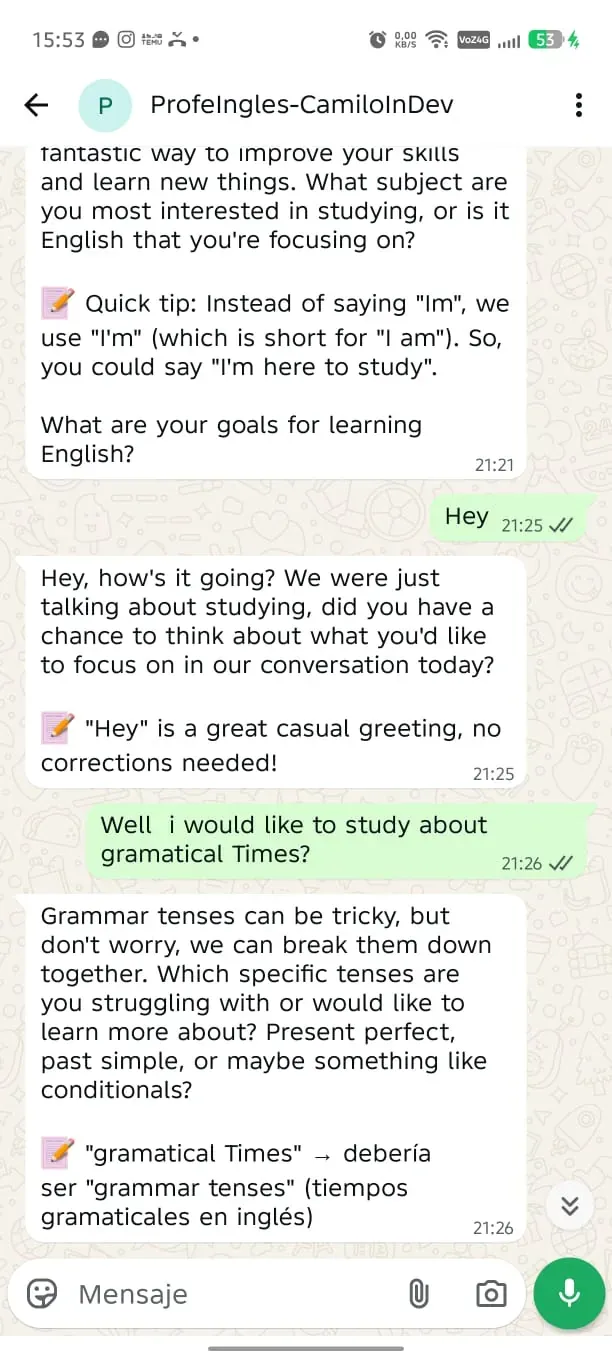 Conversación bilingüe con el bot profesor de inglés